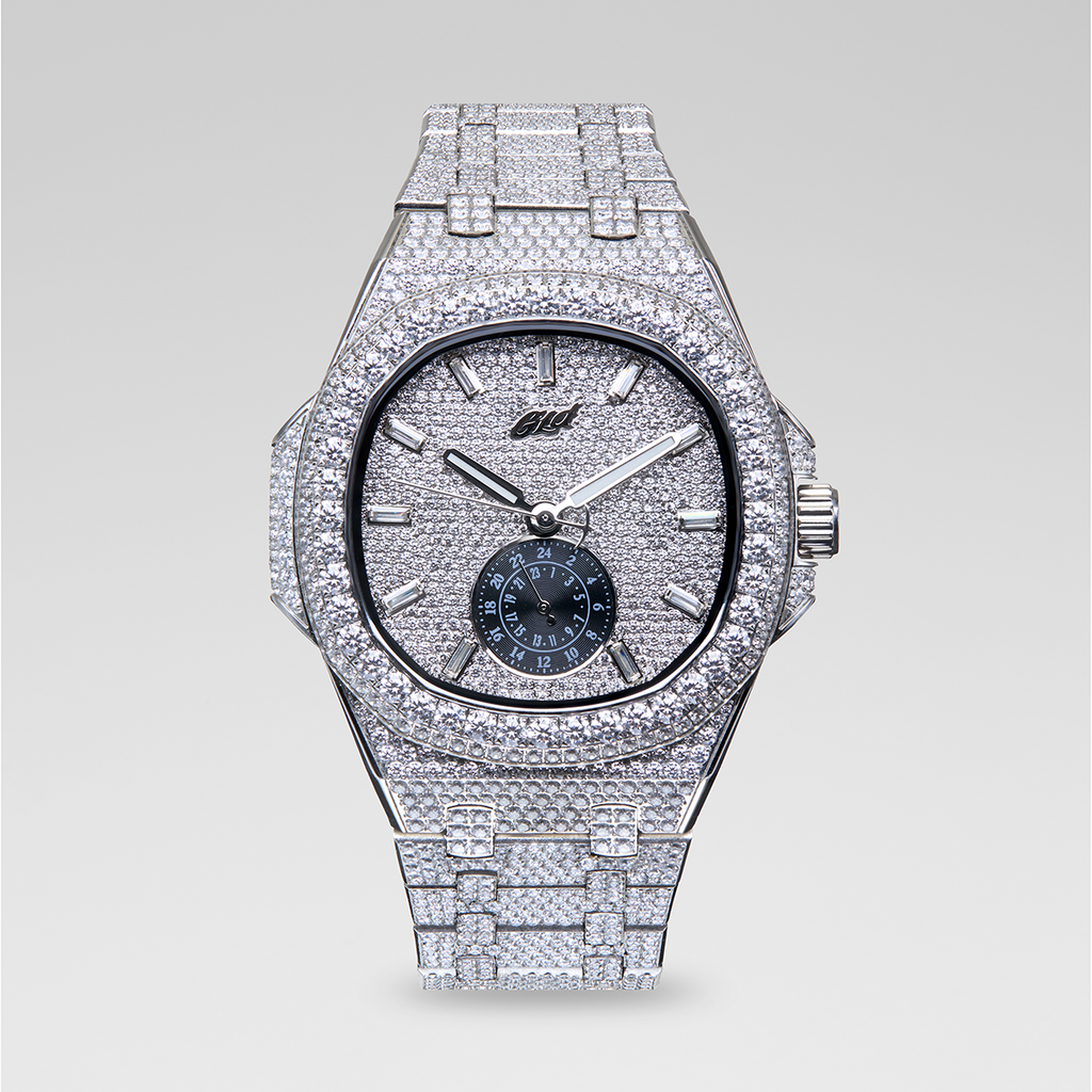 39MM Visionary Moissanite Fully Iced Case & Steel Band Watch - White Gold